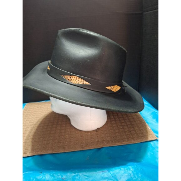 Black Western Leather Cowboy Hat With Snake Skin Band Size L - Picture 4 of 9